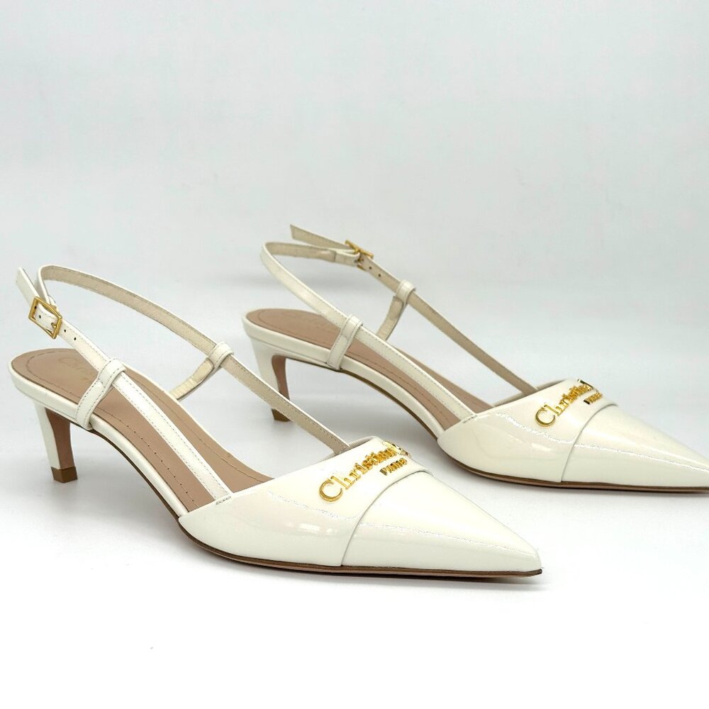 DIOR MY 50 Patent Leather Slingback Sandals Kitten Heels Pumps Shoes Ivory - Picture 10 of 16